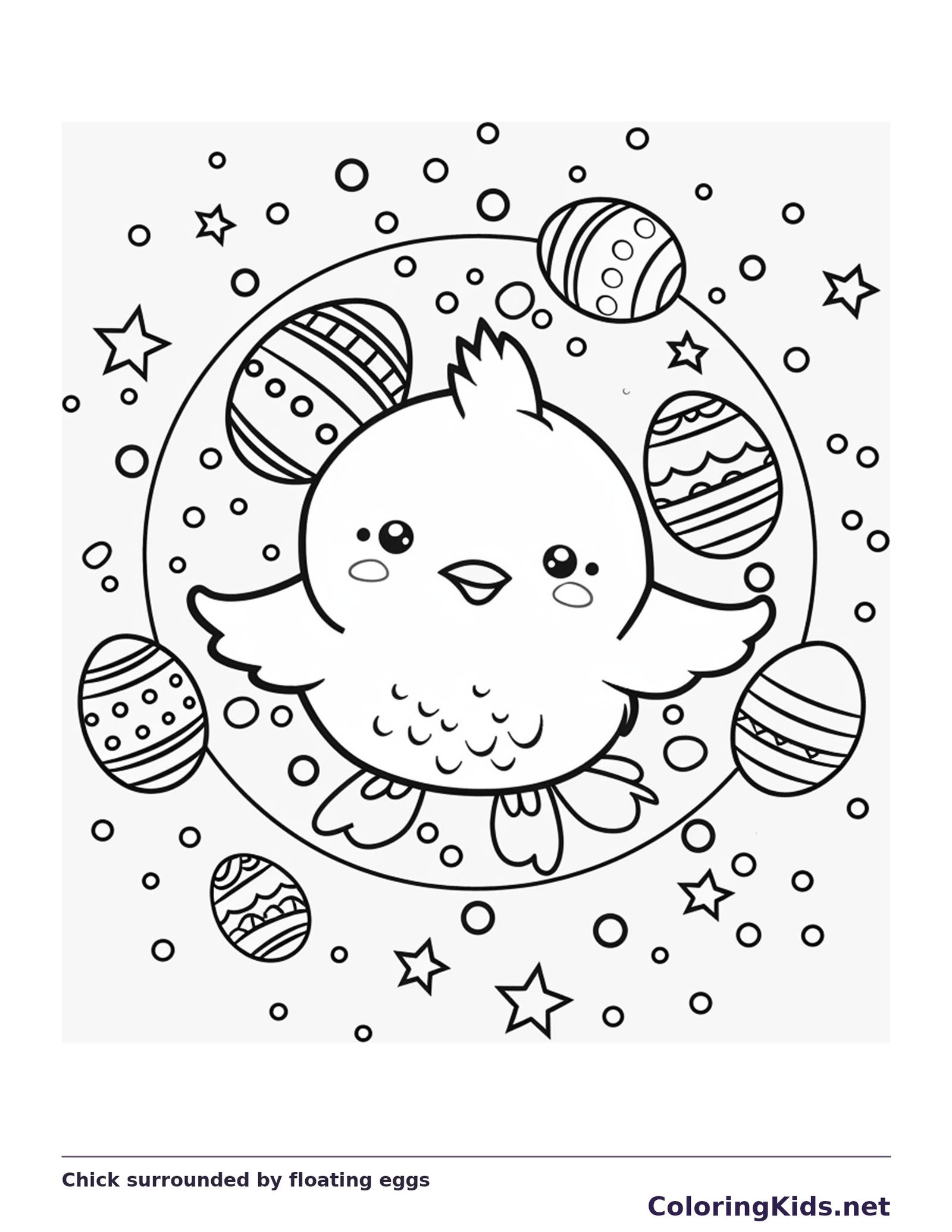 Round Easter chick surrounded by floating patterned eggs and stars