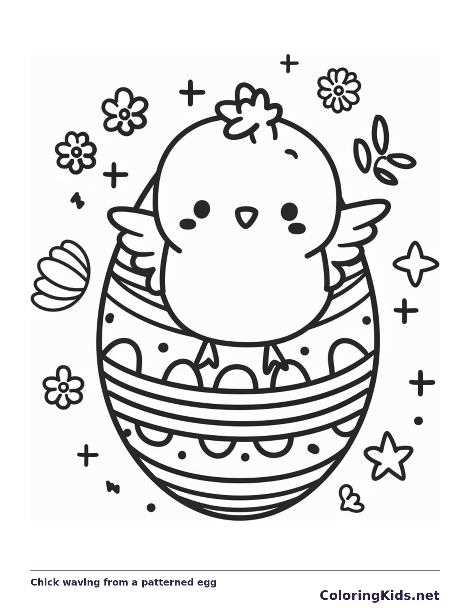 Waving Easter chick emerging from a striped and dotted egg