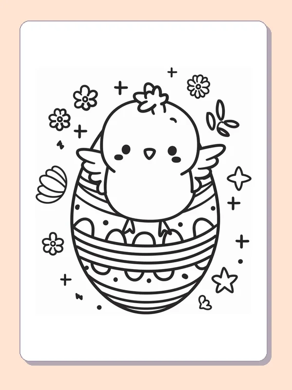 Waving Easter chick emerging from a striped and dotted egg