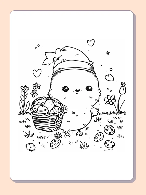 Fluffy Easter chick beside an egg basket under stars