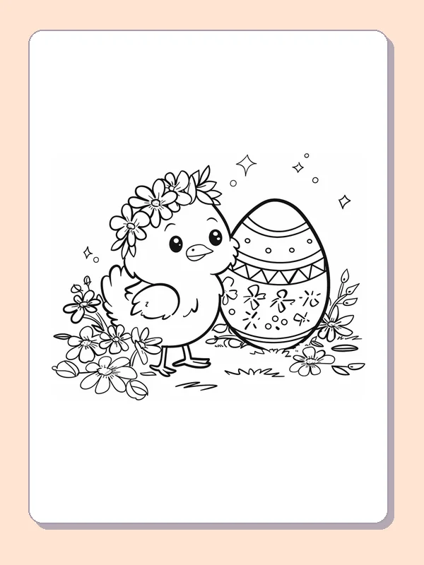 Flower-crown Easter chick next to a large decorated egg