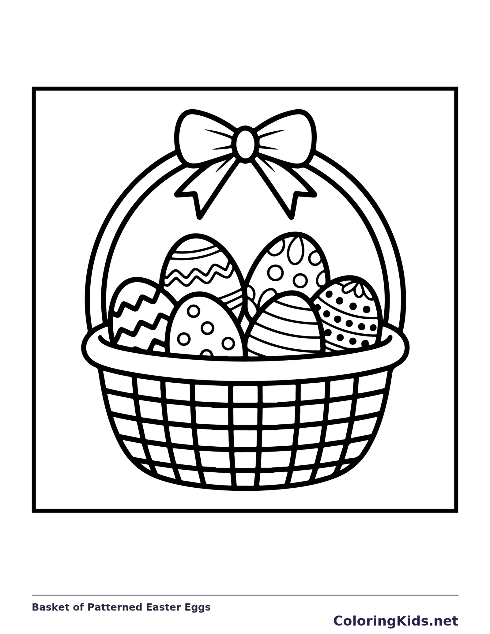 Black-and-white Easter coloring page of basket of patterned easter eggs: A bowed basket holds several eggs with stripes, dots and zigzags.