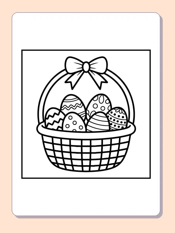Black-and-white Easter coloring page of basket of patterned easter eggs: A bowed basket holds several eggs with stripes, dots and zigzags.