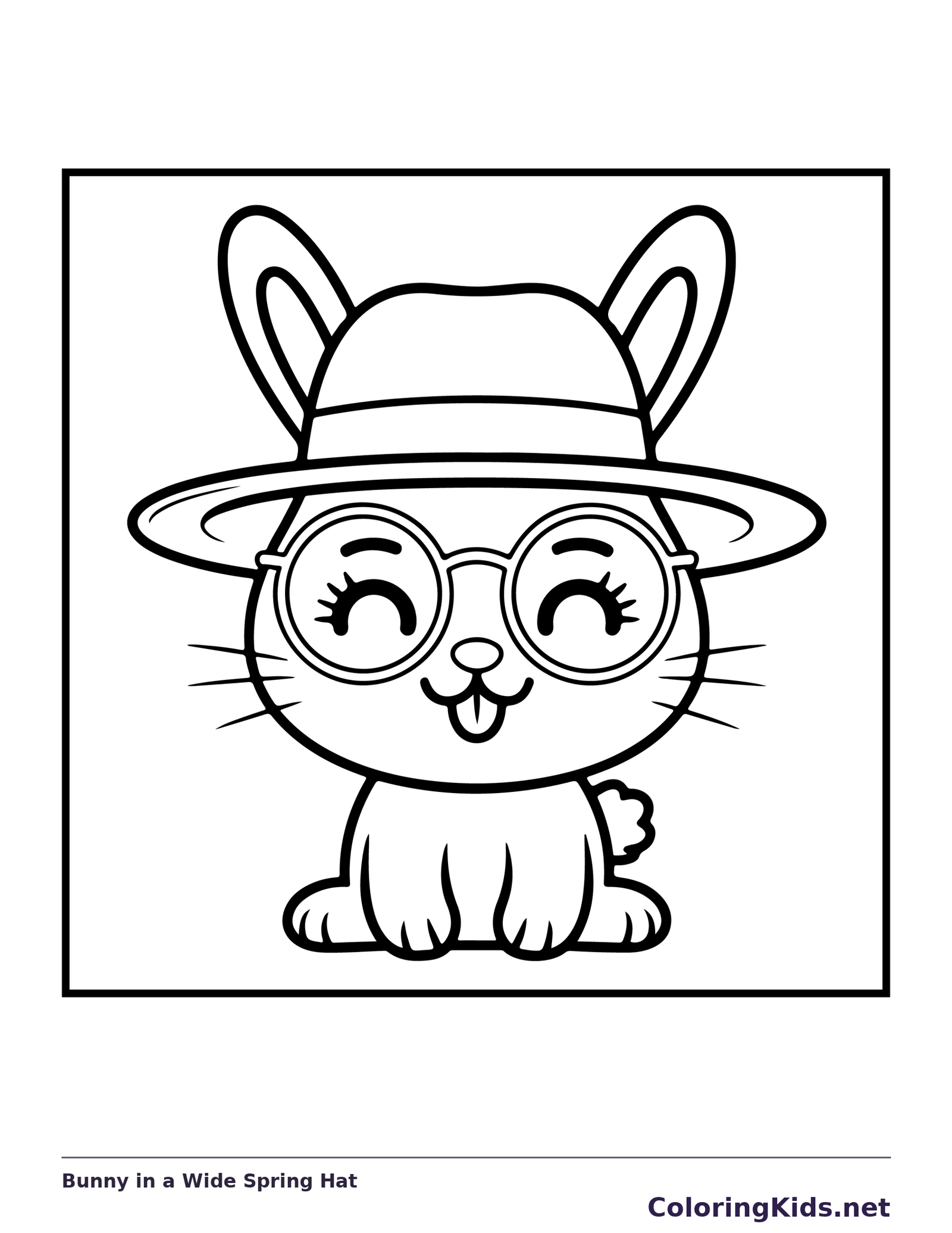Black-and-white Easter coloring page of bunny in a wide spring hat: A rabbit wears a broad-brimmed hat and round glasses against a mostly empty background.