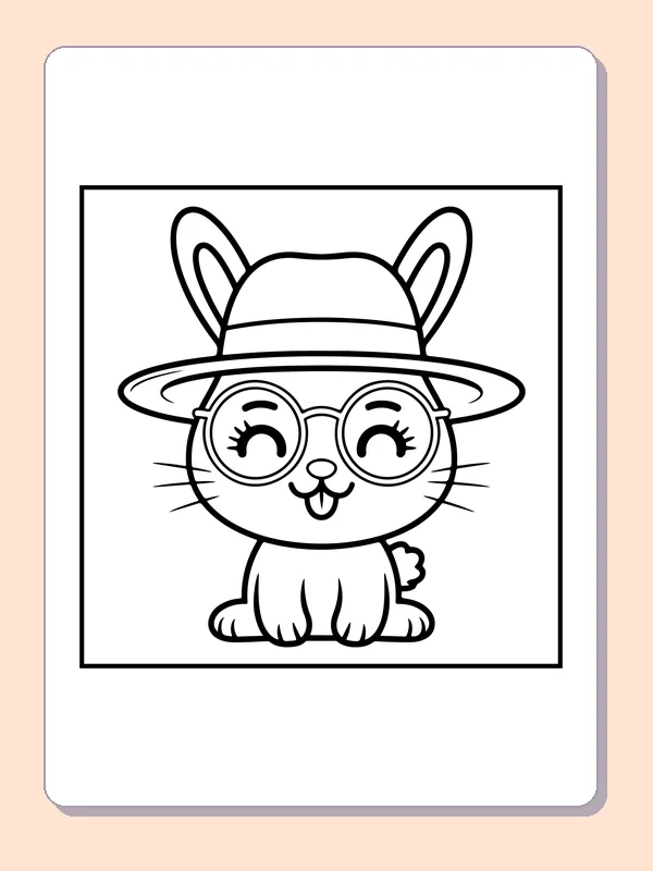 Black-and-white Easter coloring page of bunny in a wide spring hat: A rabbit wears a broad-brimmed hat and round glasses against a mostly empty background.