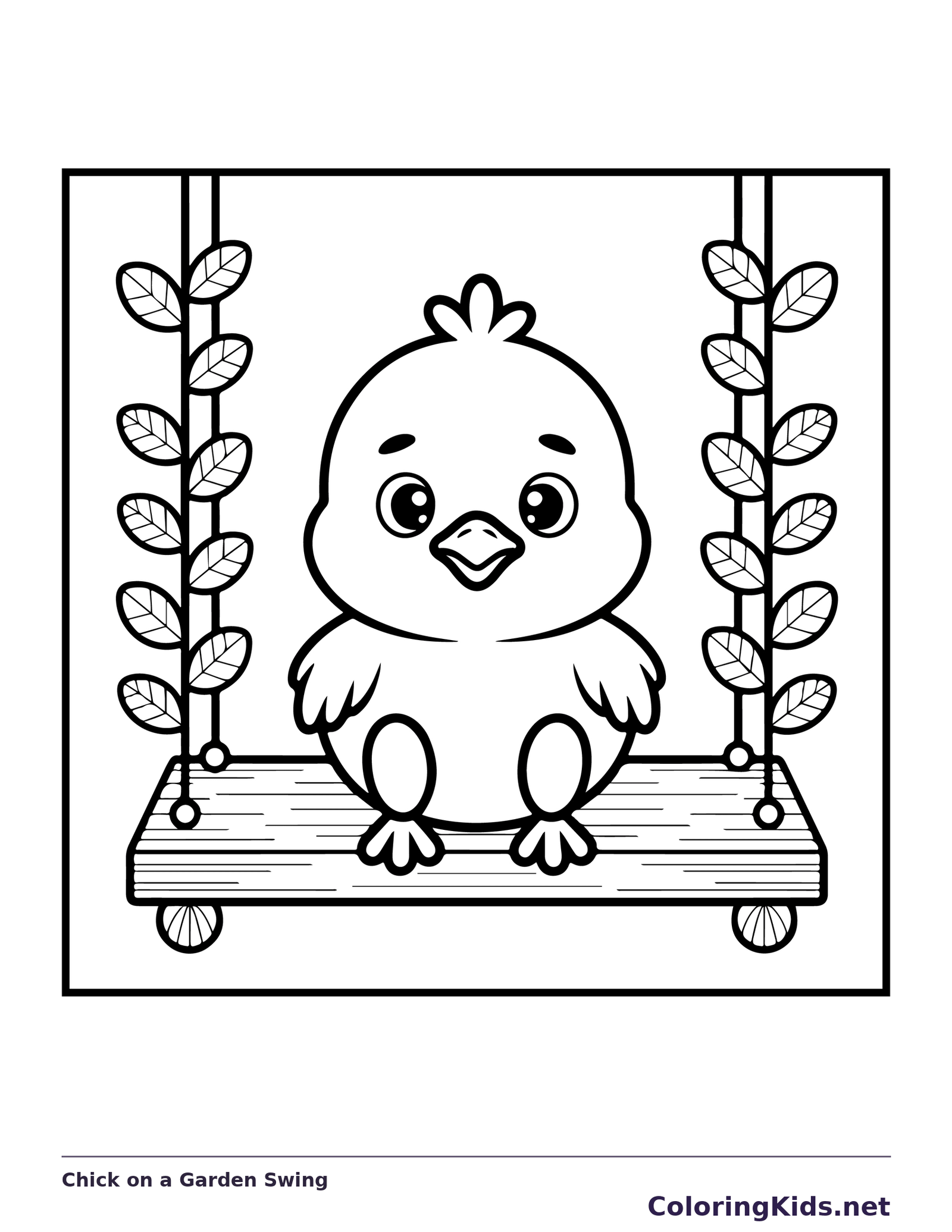 Black-and-white Easter coloring page of chick on a garden swing: A chick sits on a wooden swing between two leafy vine ropes.