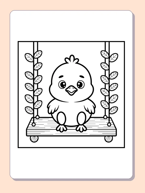 Black-and-white Easter coloring page of chick on a garden swing: A chick sits on a wooden swing between two leafy vine ropes.
