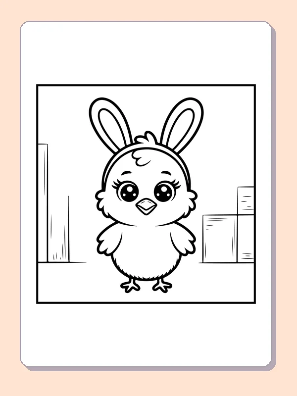 Black-and-white Easter coloring page of chick wearing bunny ears: One round chick wears a long bunny-ear headband against a mostly plain background.