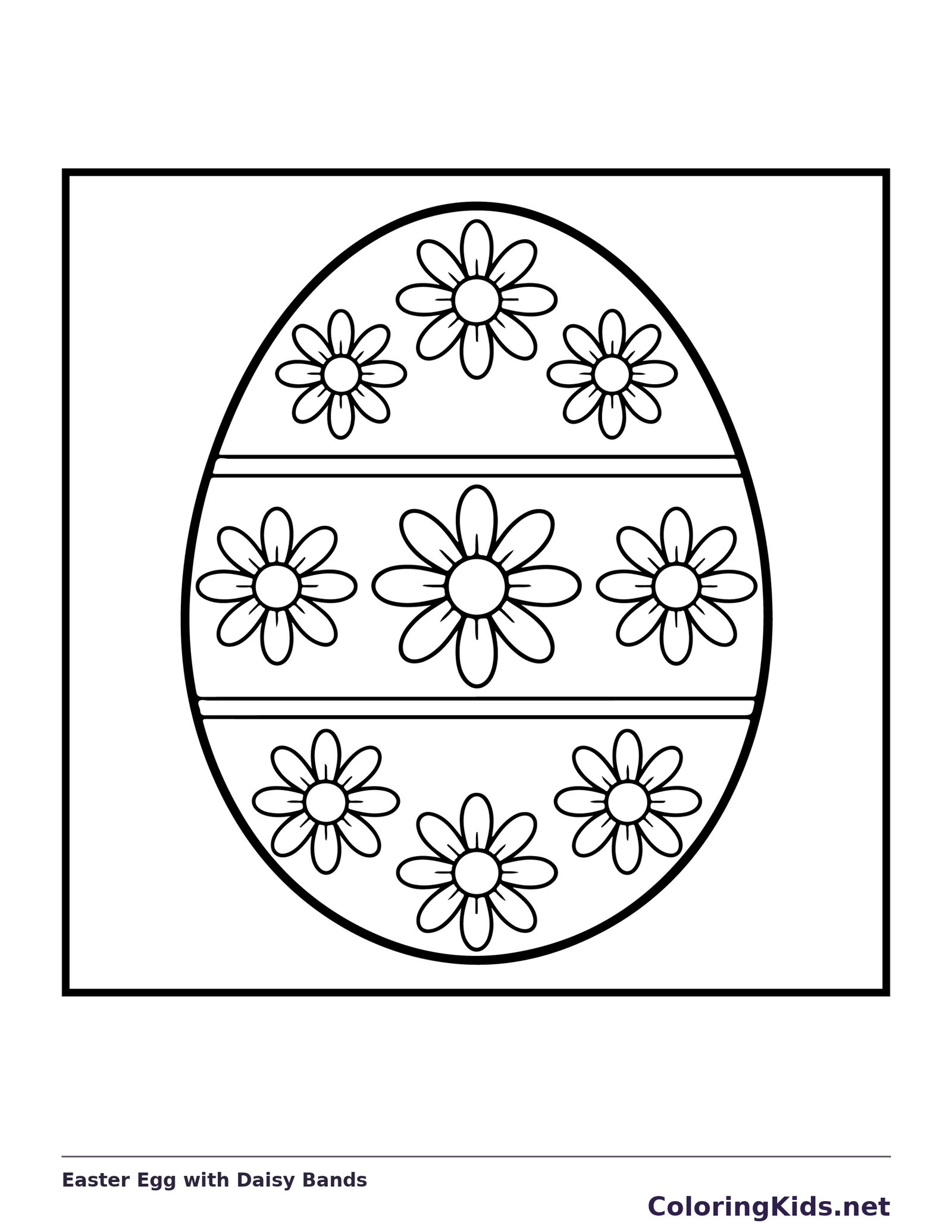 Black-and-white Easter coloring page of easter egg with daisy bands: A tall egg has horizontal bands filled with repeated daisies.
