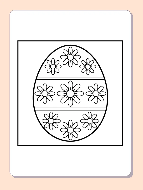 Black-and-white Easter coloring page of easter egg with daisy bands: A tall egg has horizontal bands filled with repeated daisies.