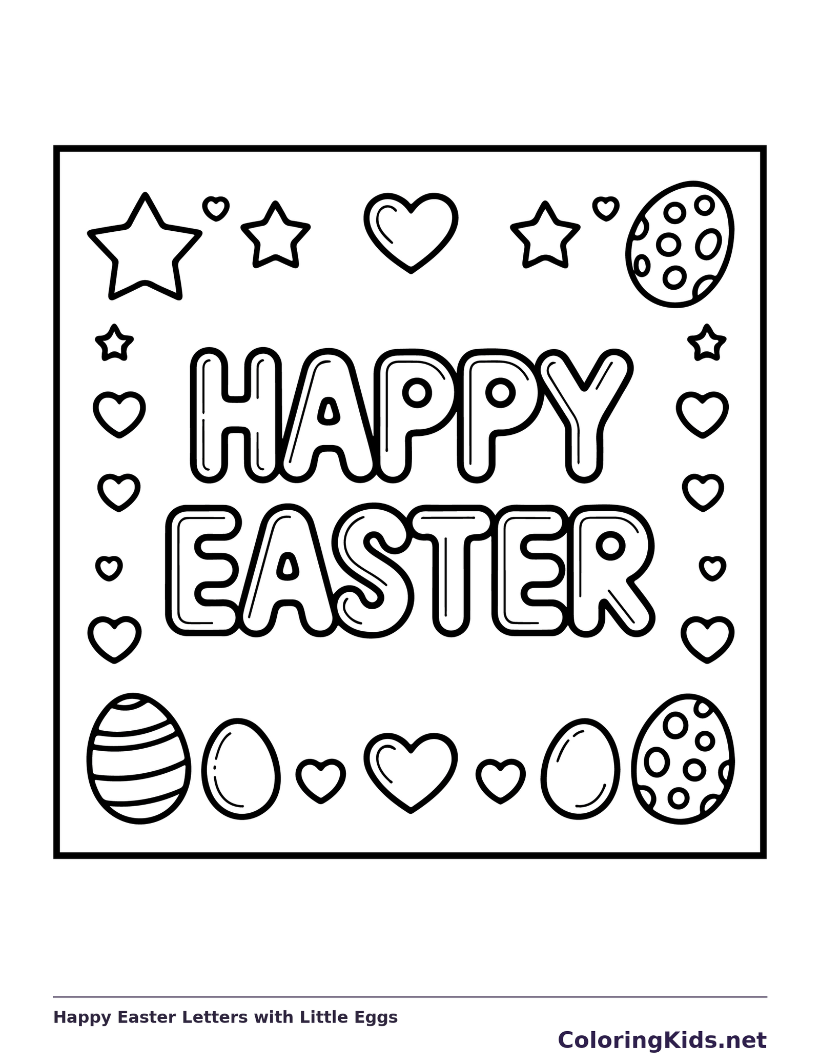 Black-and-white Easter coloring page of happy easter letters with little eggs: Large outlined HAPPY EASTER letters sit among small eggs, hearts and stars.