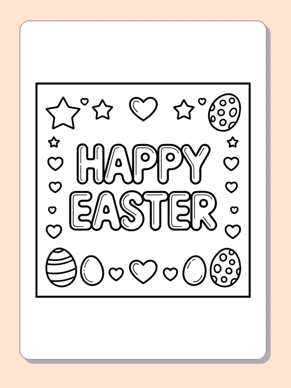 Black-and-white Easter coloring page of happy easter letters with little eggs: Large outlined HAPPY EASTER letters sit among small eggs, hearts and stars.