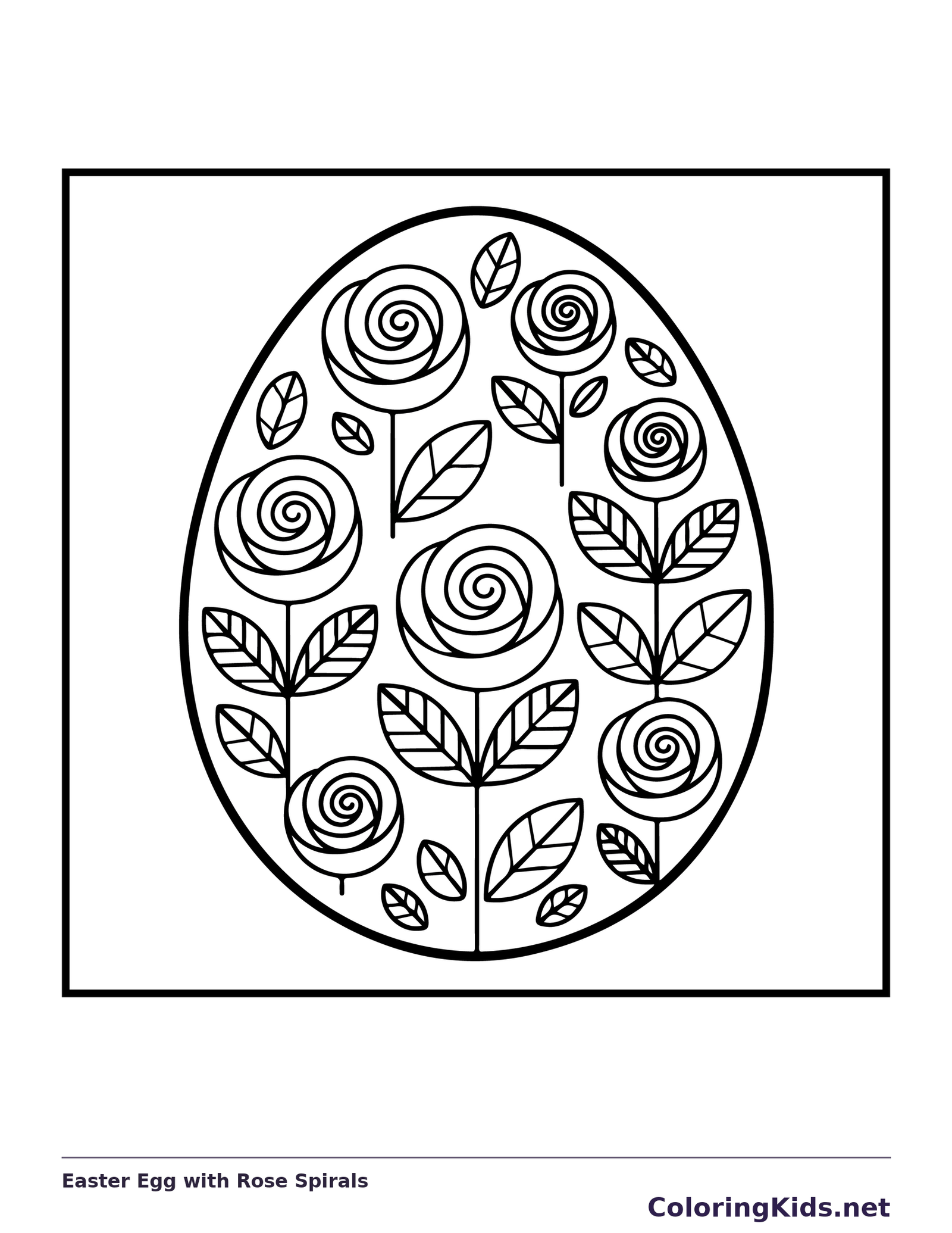 Black-and-white Easter coloring page of easter egg with rose spirals: An upright egg is covered with spiral roses, small leaves and stems.