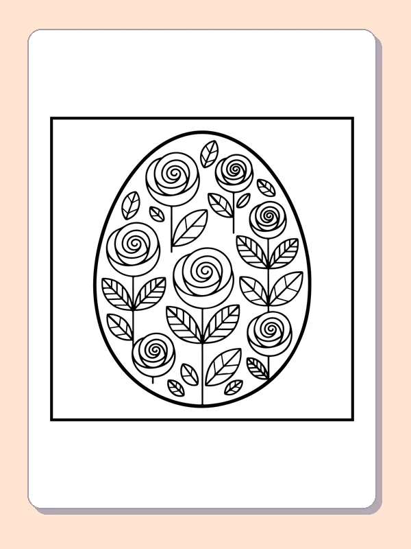 Black-and-white Easter coloring page of easter egg with rose spirals: An upright egg is covered with spiral roses, small leaves and stems.