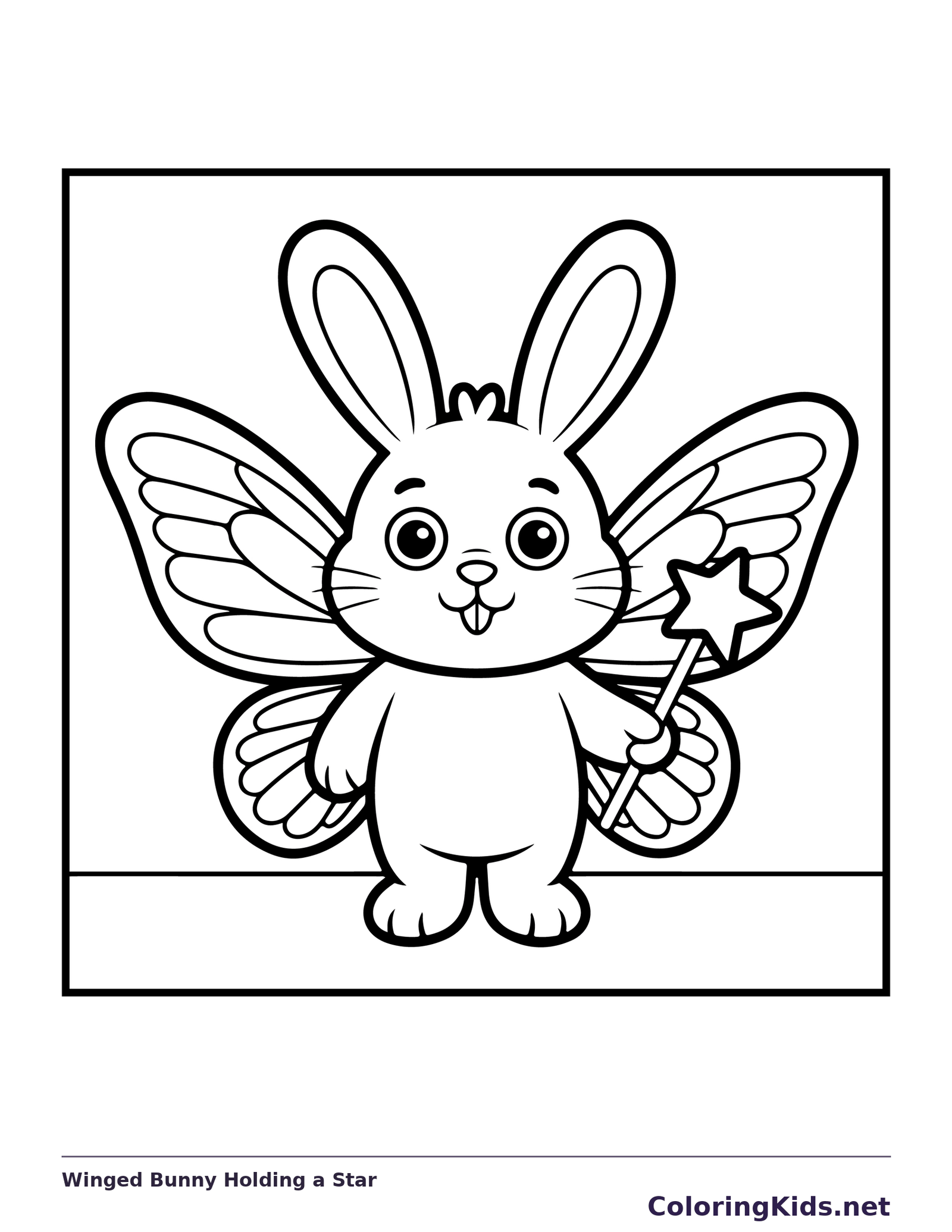 Black-and-white Easter coloring page of winged bunny holding a star: A fantasy rabbit stands with feathered wings spread and a little star in one paw.