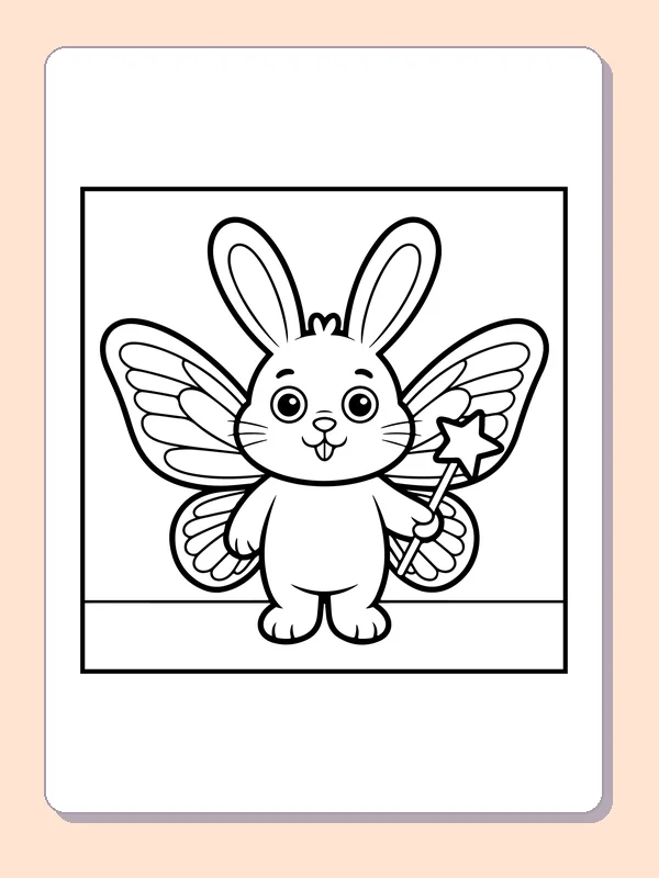 Black-and-white Easter coloring page of winged bunny holding a star: A fantasy rabbit stands with feathered wings spread and a little star in one paw.