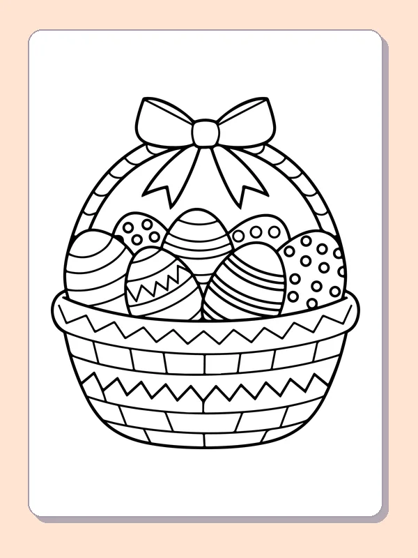 Black-and-white Easter egg coloring page of basket of five patterned eggs. Five eggs with dots, zigzags and stripes fill a basket topped by a ribbon bow. The basket itself has several bricklike patterned bands.