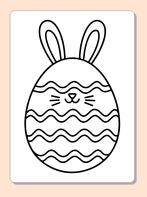 Black-and-white Easter egg coloring page of bunny-eared egg with wavy bands. Two long bunny ears rise above an egg with a tiny face. Several wide wavy stripes run across the shell beneath its whiskers.