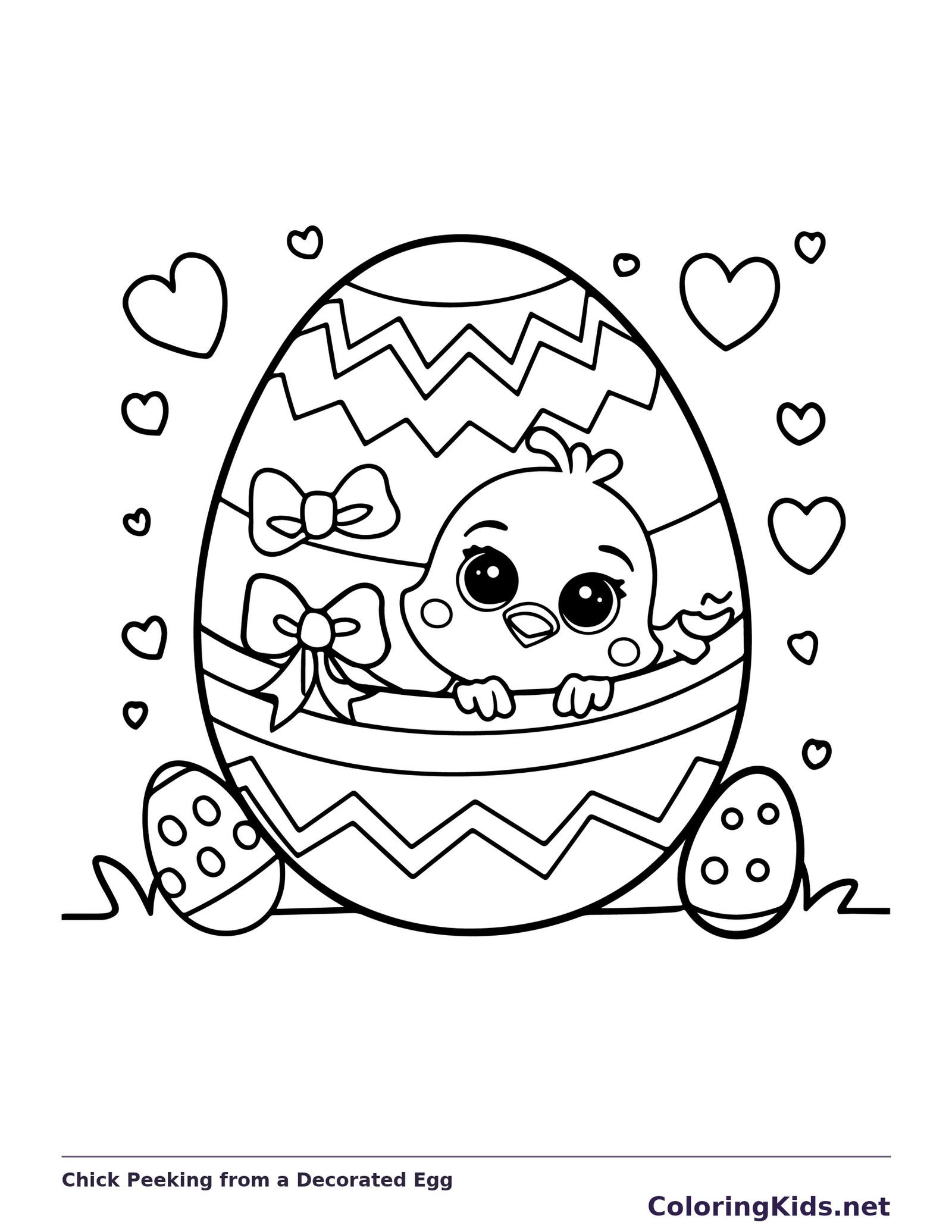 Black-and-white Easter egg coloring page of chick peeking from a decorated egg. A chick looks out over the middle of a large egg decorated with bows and zigzags. Small hearts float beside the shell.