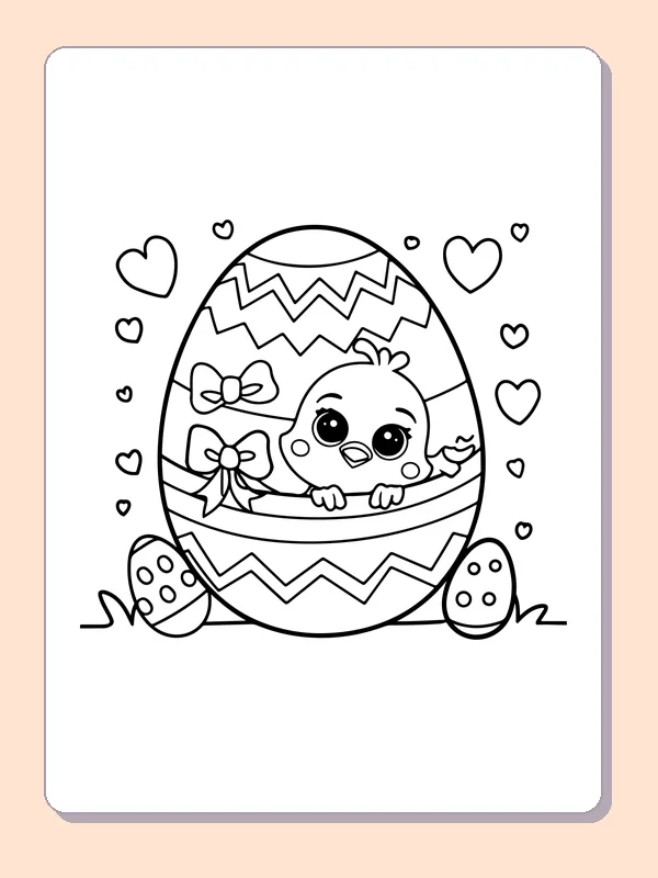 Black-and-white Easter egg coloring page of chick peeking from a decorated egg. A chick looks out over the middle of a large egg decorated with bows and zigzags. Small hearts float beside the shell.