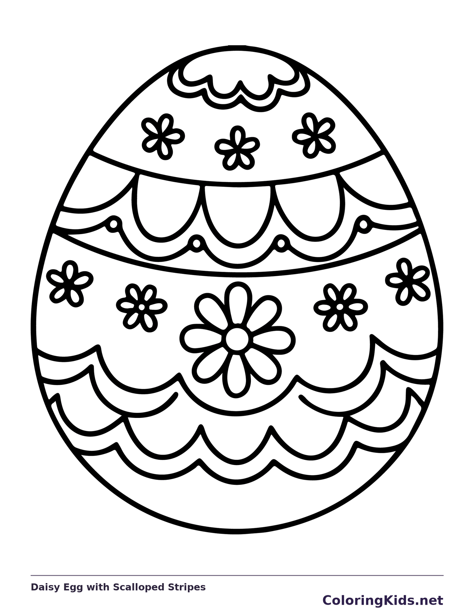 Black-and-white Easter egg coloring page of daisy egg with scalloped stripes. A large daisy anchors the middle of this egg, surrounded by smaller flowers and curved scallop bands. Petals break up the broad patterned spaces.
