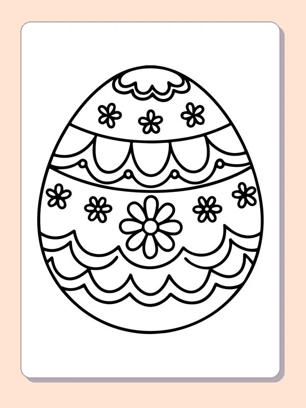 Black-and-white Easter egg coloring page of daisy egg with scalloped stripes. A large daisy anchors the middle of this egg, surrounded by smaller flowers and curved scallop bands. Petals break up the broad patterned spaces.
