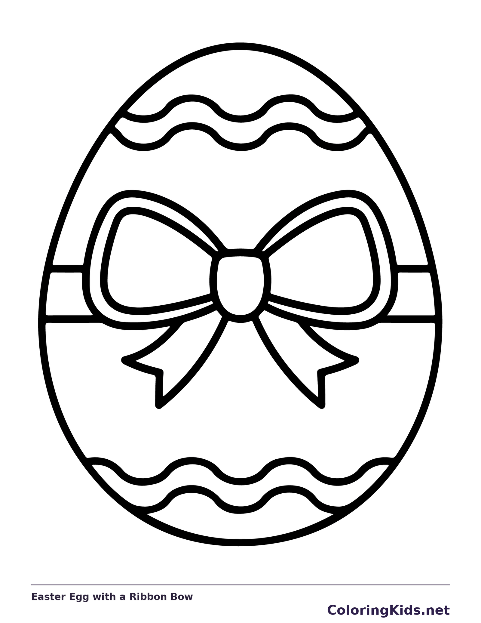 Black-and-white Easter egg coloring page of easter egg with a ribbon bow. A broad bow crosses the center of a striped Easter egg. Wavy bands at the top and bottom leave generous open spaces.