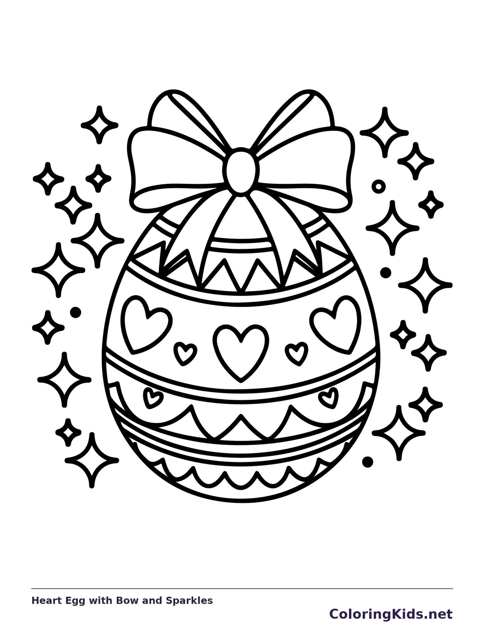 Black-and-white Easter egg coloring page of heart egg with bow and sparkles. A large ribbon bow crowns an egg with heart and triangle bands. Four-point sparkles surround the egg, offering small finishing details.