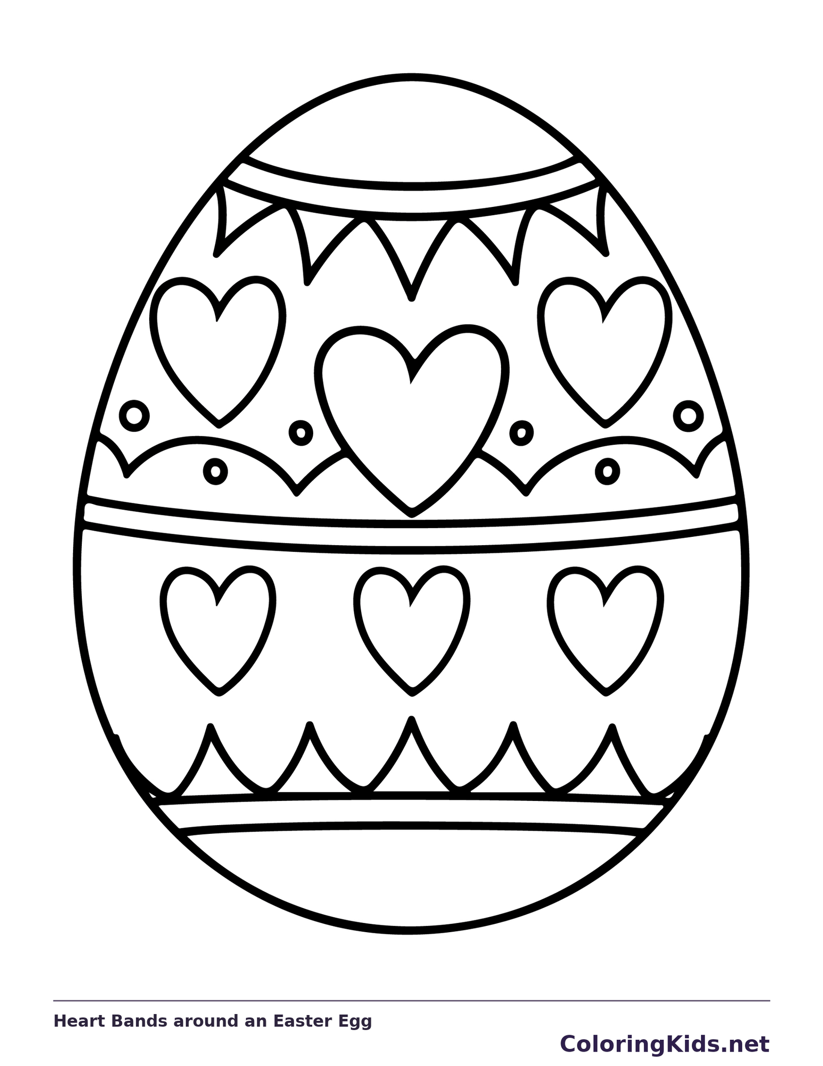 Black-and-white Easter egg coloring page of heart bands around an easter egg. Large hearts sit between triangle and dot bands on this egg. Color the center heart first, then repeat or change its shade below.