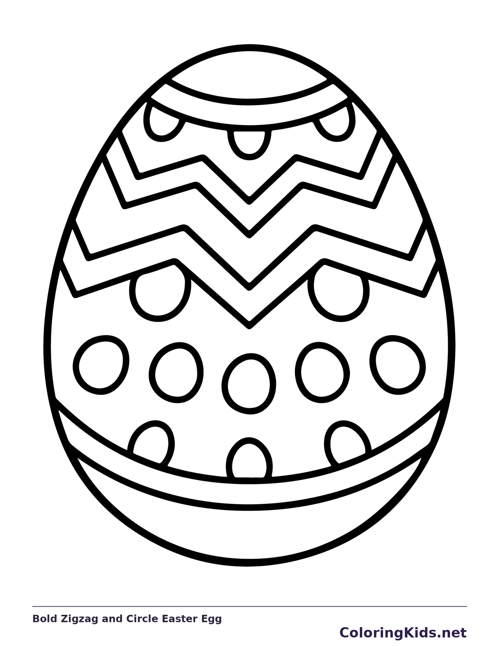 Black-and-white Easter egg coloring page of bold zigzag and circle easter egg. Wide zigzags cross the upper half of this egg, with large circles beneath. The broad shapes leave plenty of room for bold color choices.