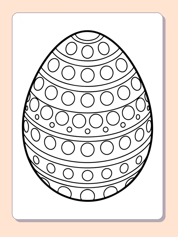Black-and-white Easter egg coloring page of rows of circles on a tall egg. Curved rows of large and small outlined circles cover nearly the entire egg. Try finishing one row at a time before changing colors.