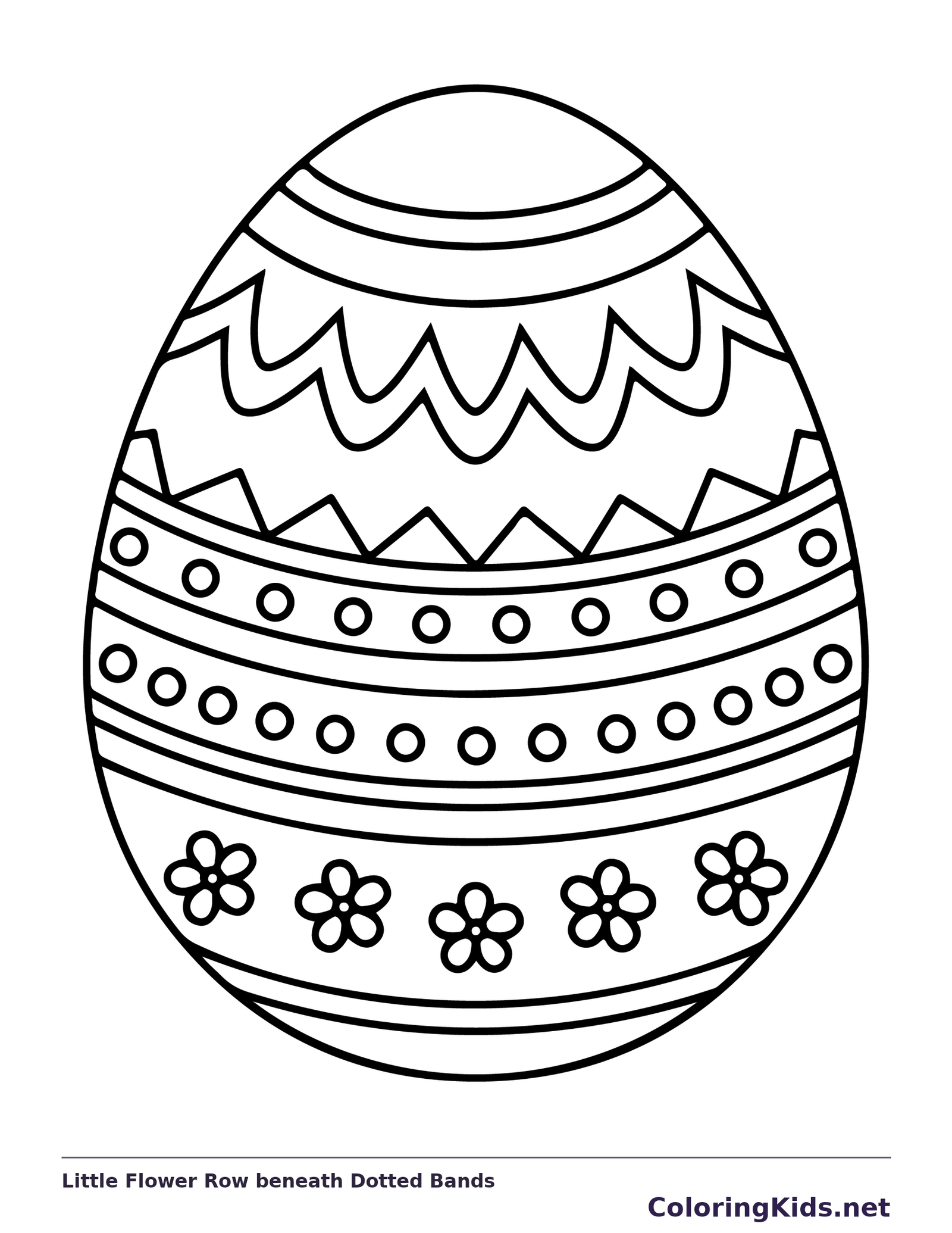 Black-and-white Easter egg coloring page of little flower row beneath dotted bands. Scallops and triangles lead into two dotted bands, with five small flowers near the bottom of the egg. Each motif has a different shape.