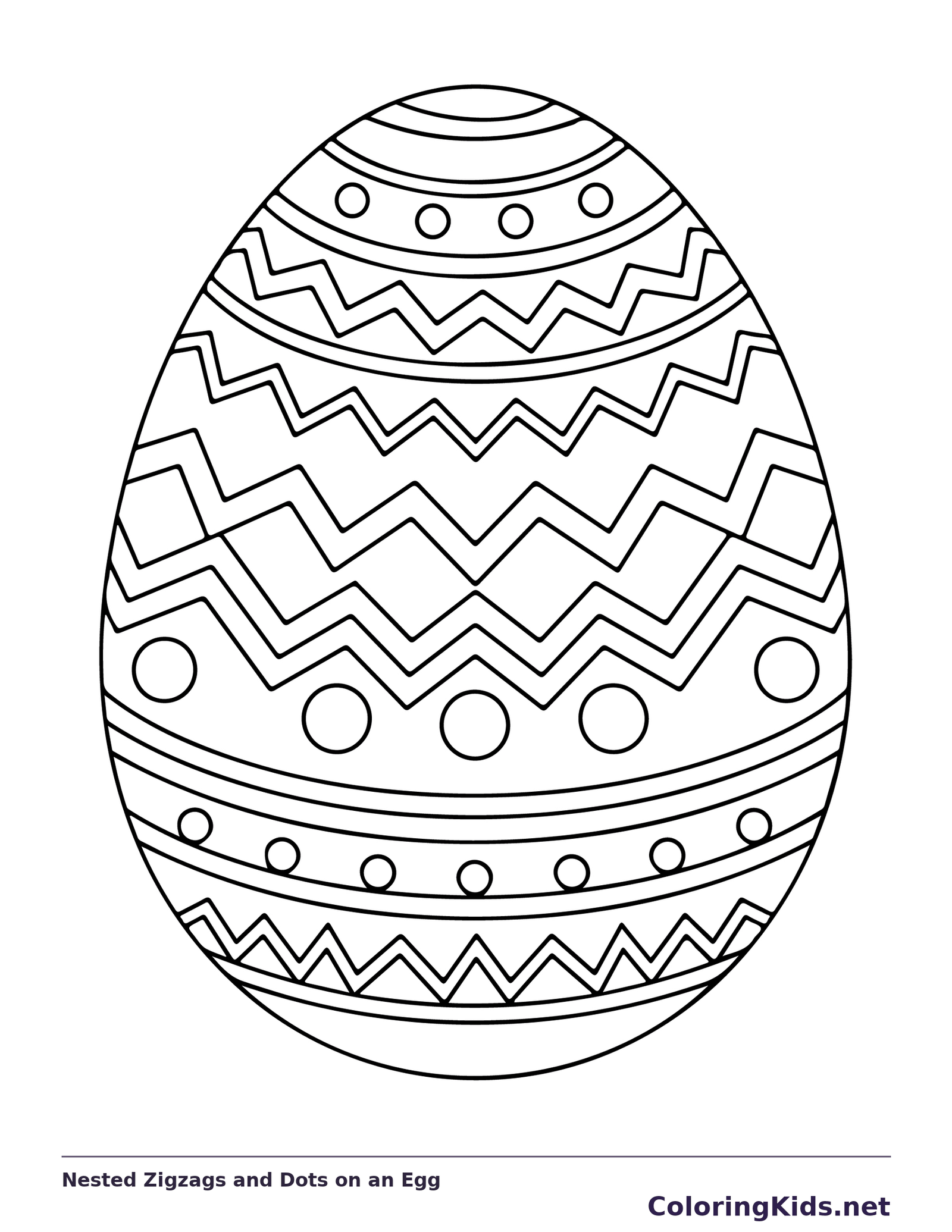 Black-and-white Easter egg coloring page of nested zigzags and dots on an egg. Close-set zigzag bands fill the middle of an egg, with rows of outlined dots near its top and bottom. Many narrow spaces need patient coloring.