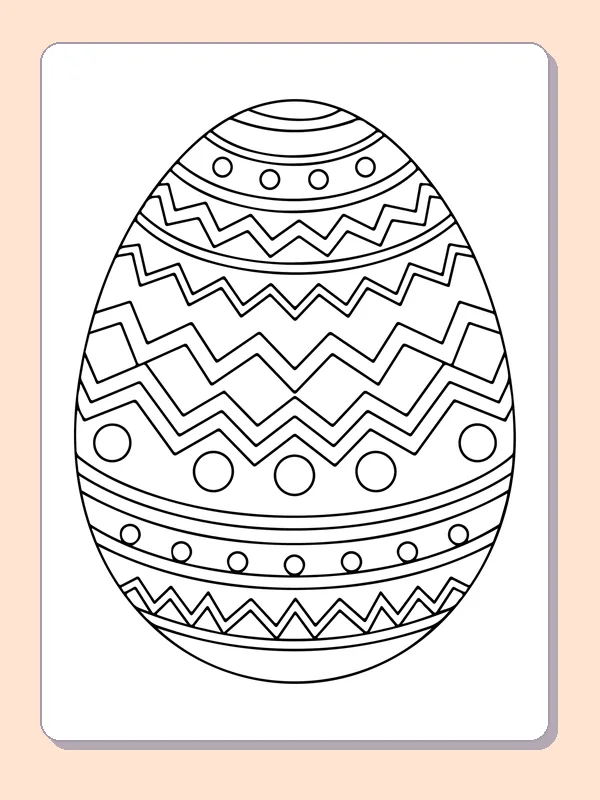 Black-and-white Easter egg coloring page of nested zigzags and dots on an egg. Close-set zigzag bands fill the middle of an egg, with rows of outlined dots near its top and bottom. Many narrow spaces need patient coloring.