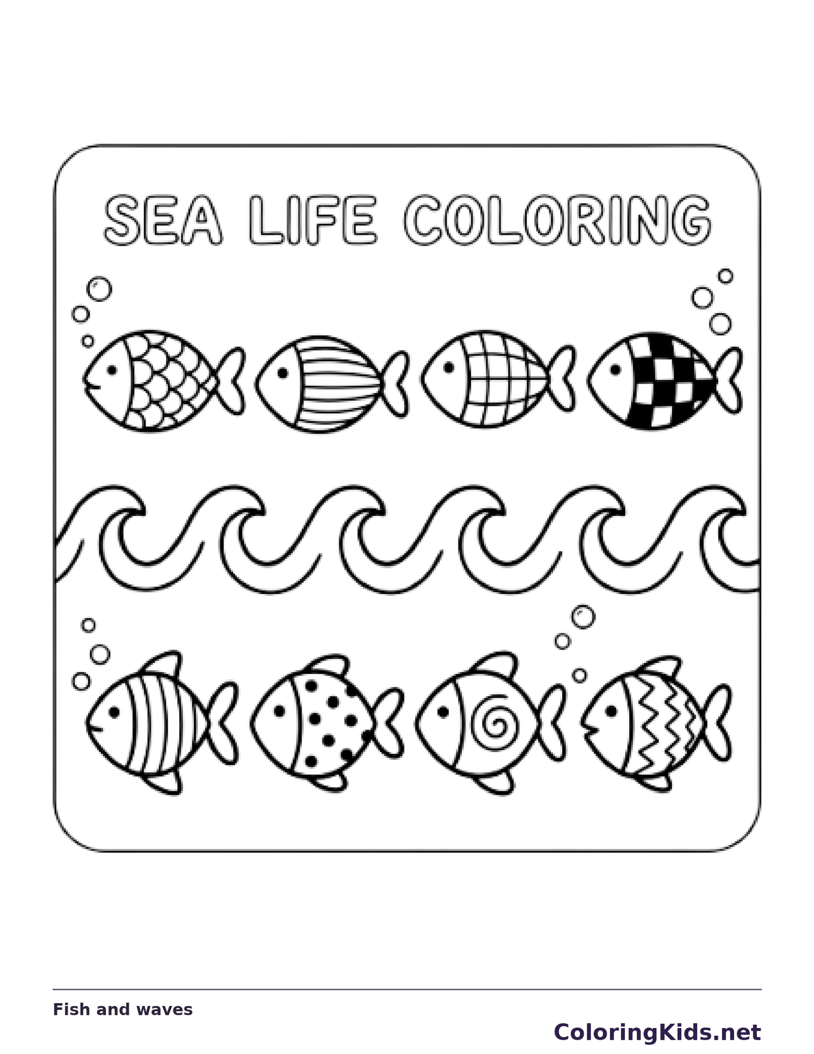 Black and white printable fish and waves coloring sheet