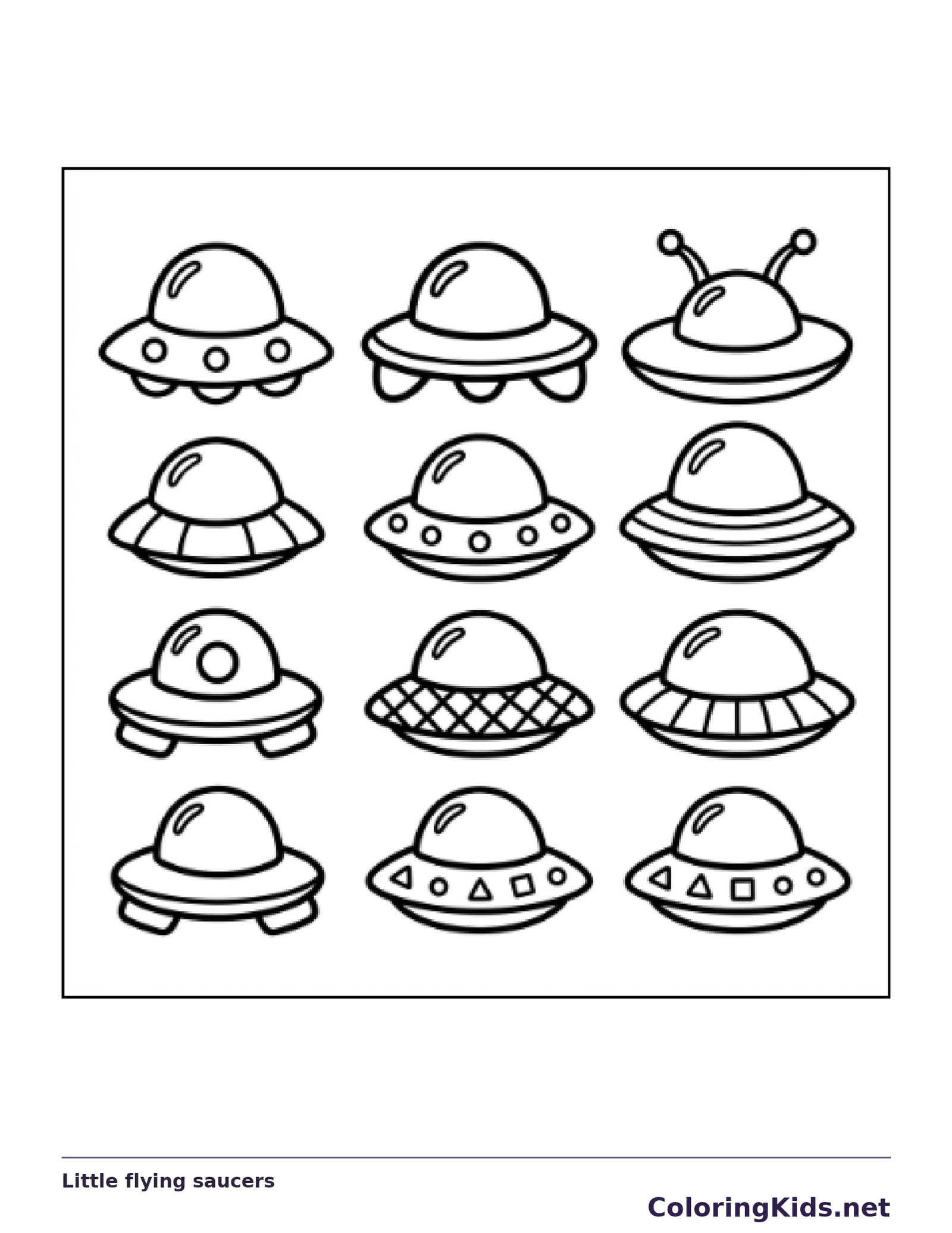 Black and white printable little flying saucers coloring sheet