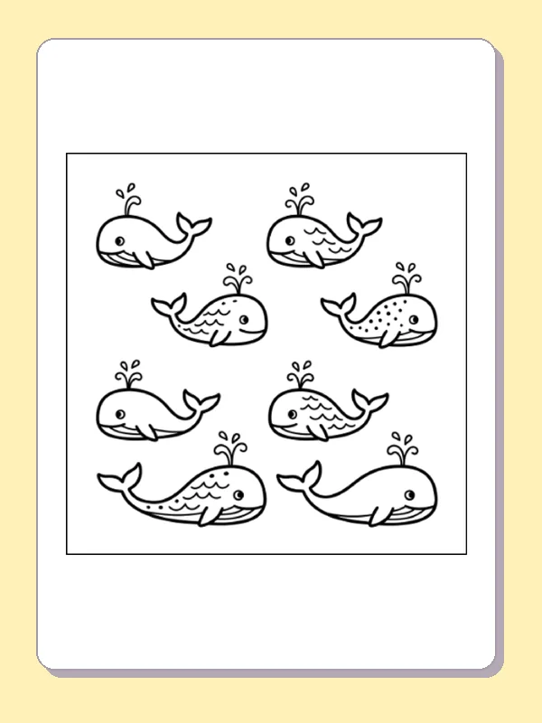 Black and white printable little whales coloring sheet