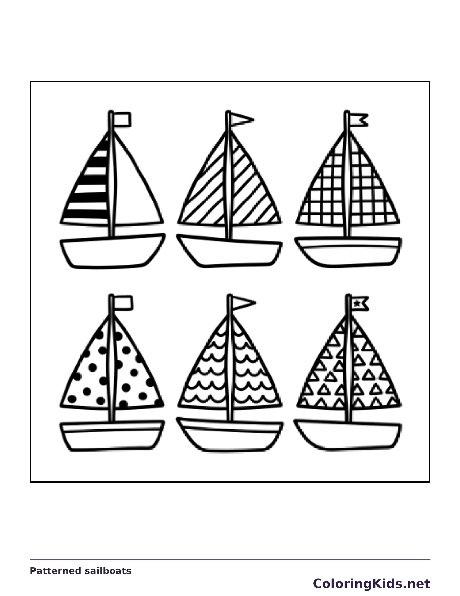 Black and white printable patterned sailboats coloring sheet