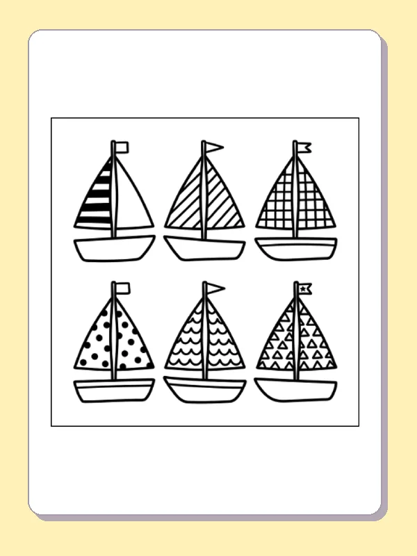 Black and white printable patterned sailboats coloring sheet
