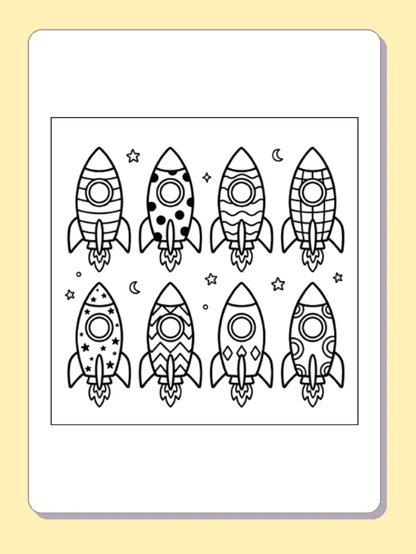 Black and white printable ready-to-launch rockets coloring sheet