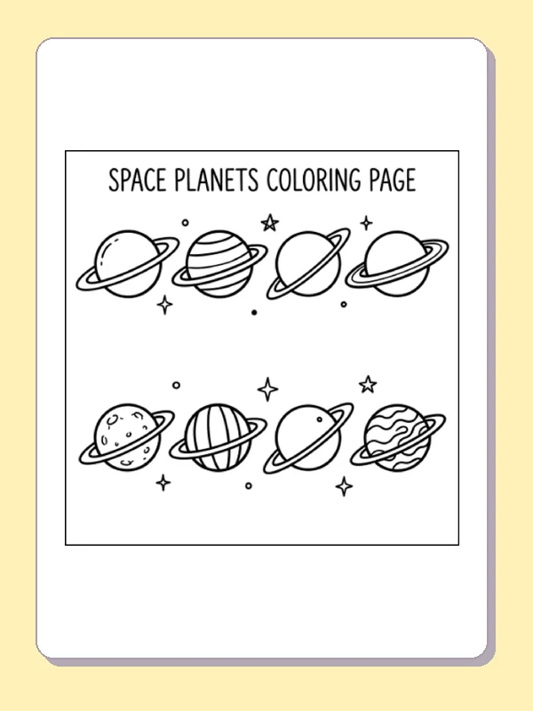 Black and white printable ringed planets coloring sheet