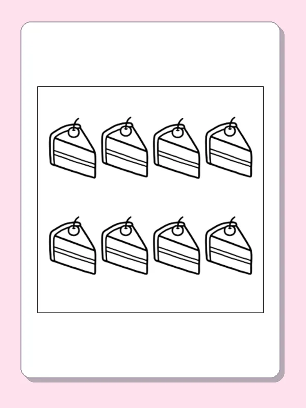 Black and white printable cake slice repeats coloring sheet