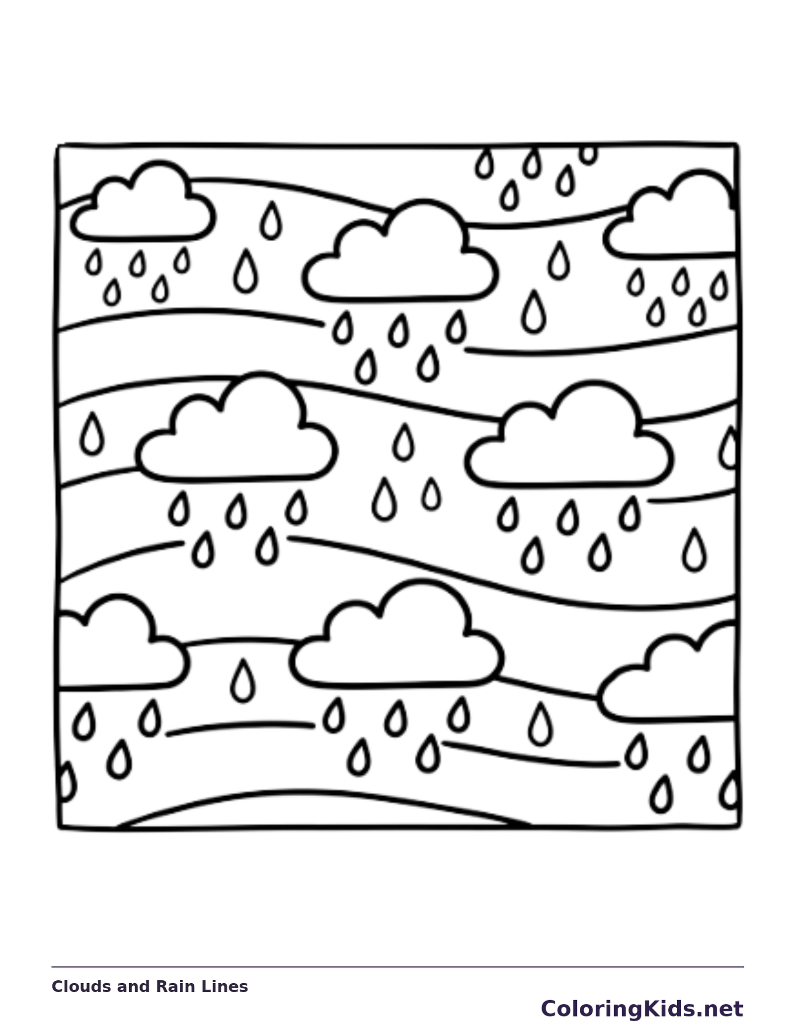 Black and white printable clouds and rain lines coloring sheet