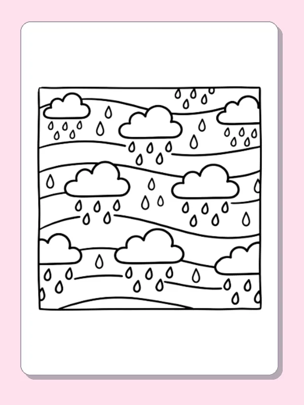 Black and white printable clouds and rain lines coloring sheet
