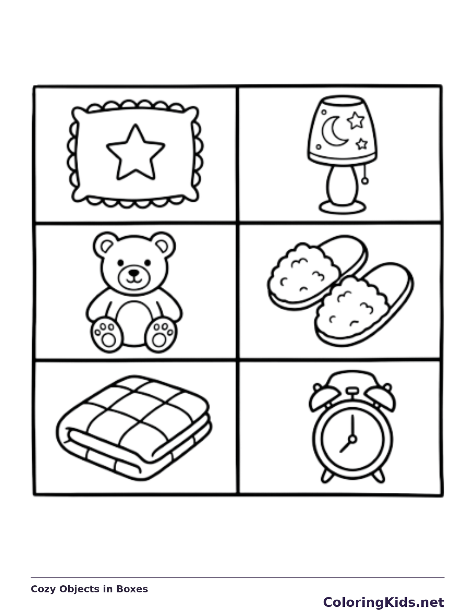 Black and white printable cozy objects in boxes coloring sheet