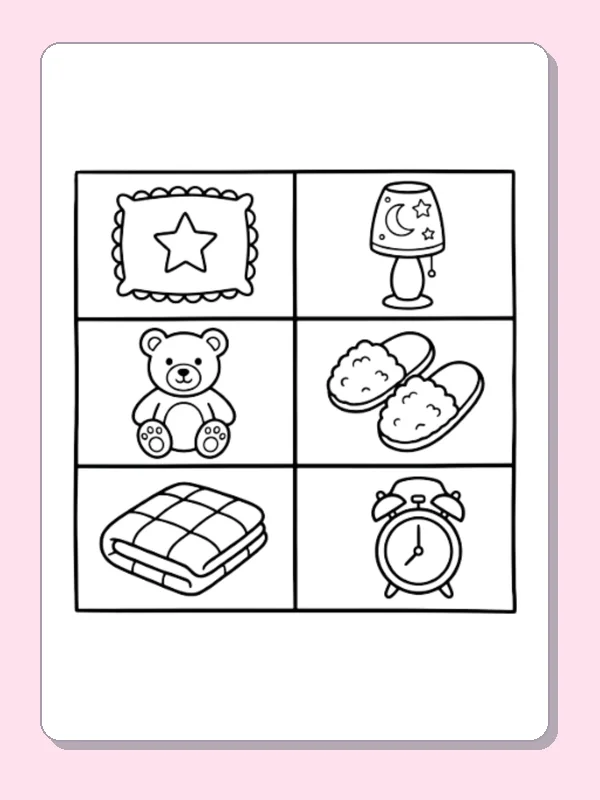 Black and white printable cozy objects in boxes coloring sheet