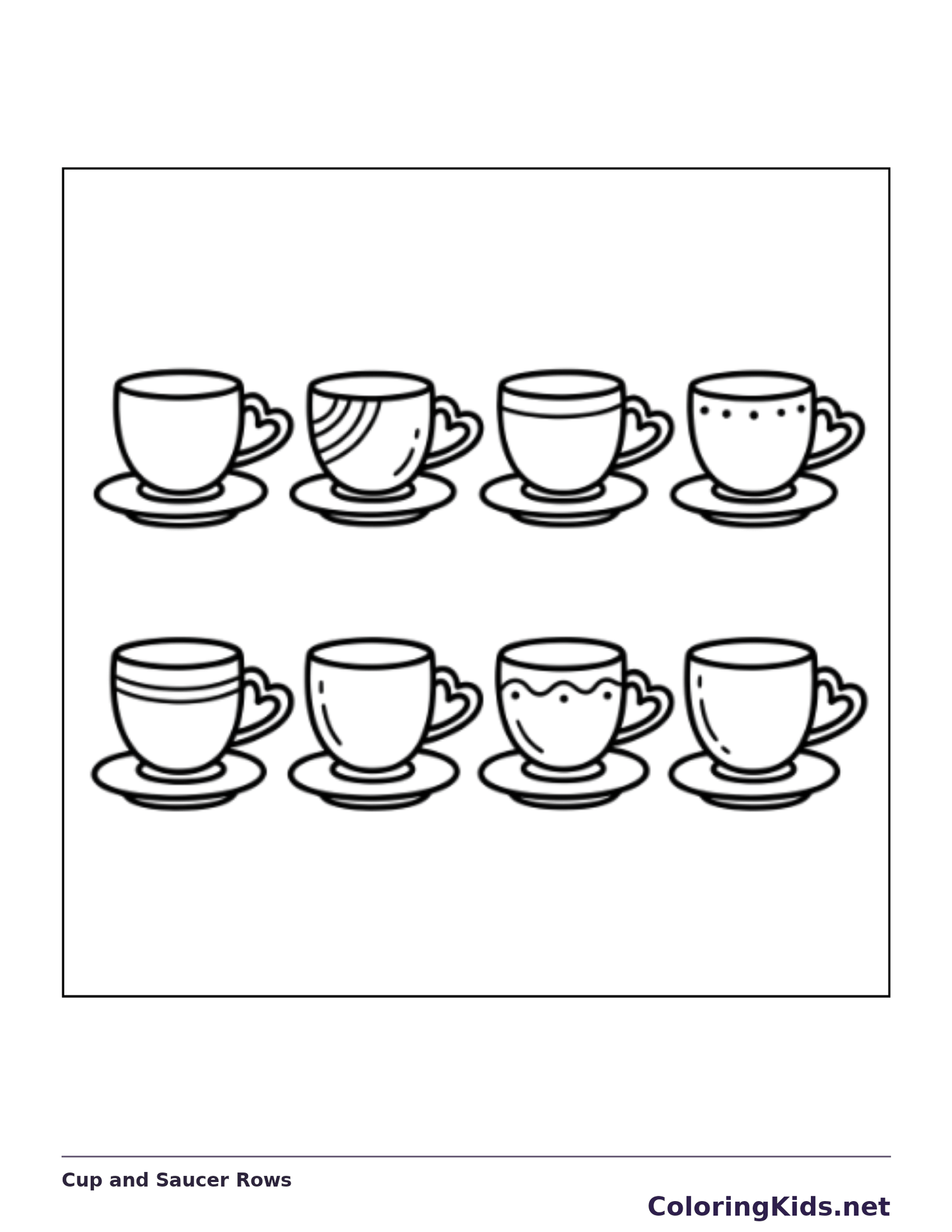 Black and white printable cup and saucer rows coloring sheet