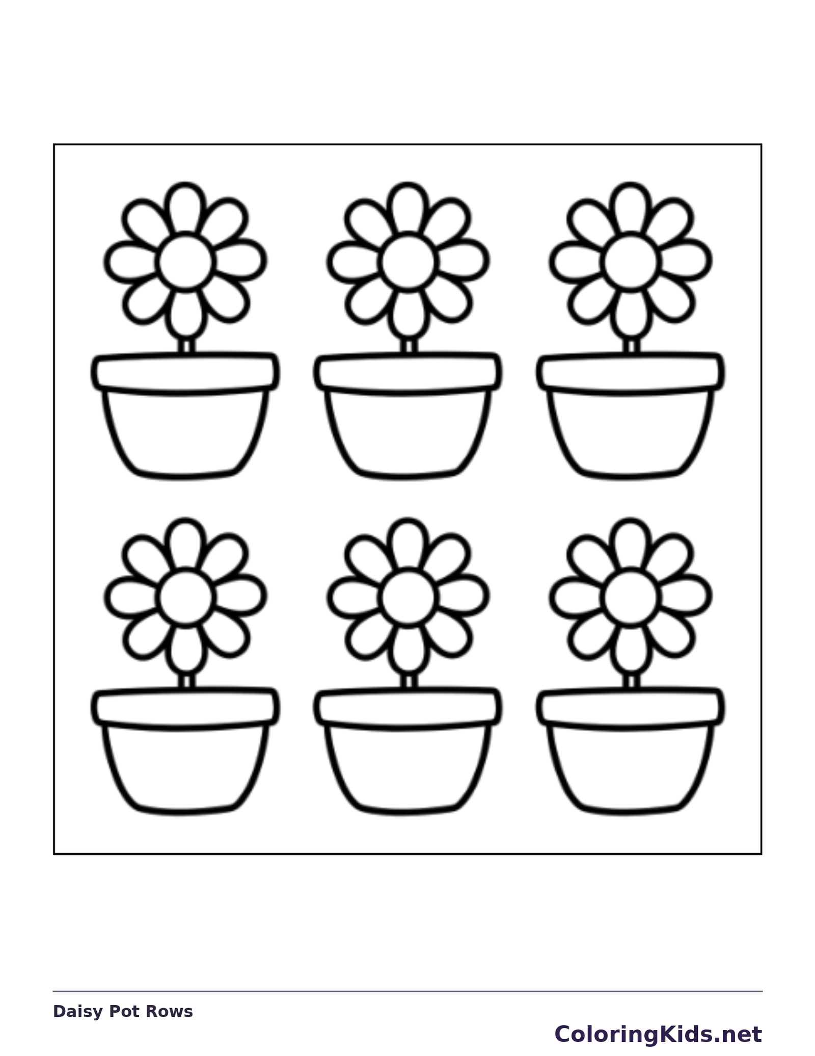 Black and white printable daisy pot rows coloring sheet