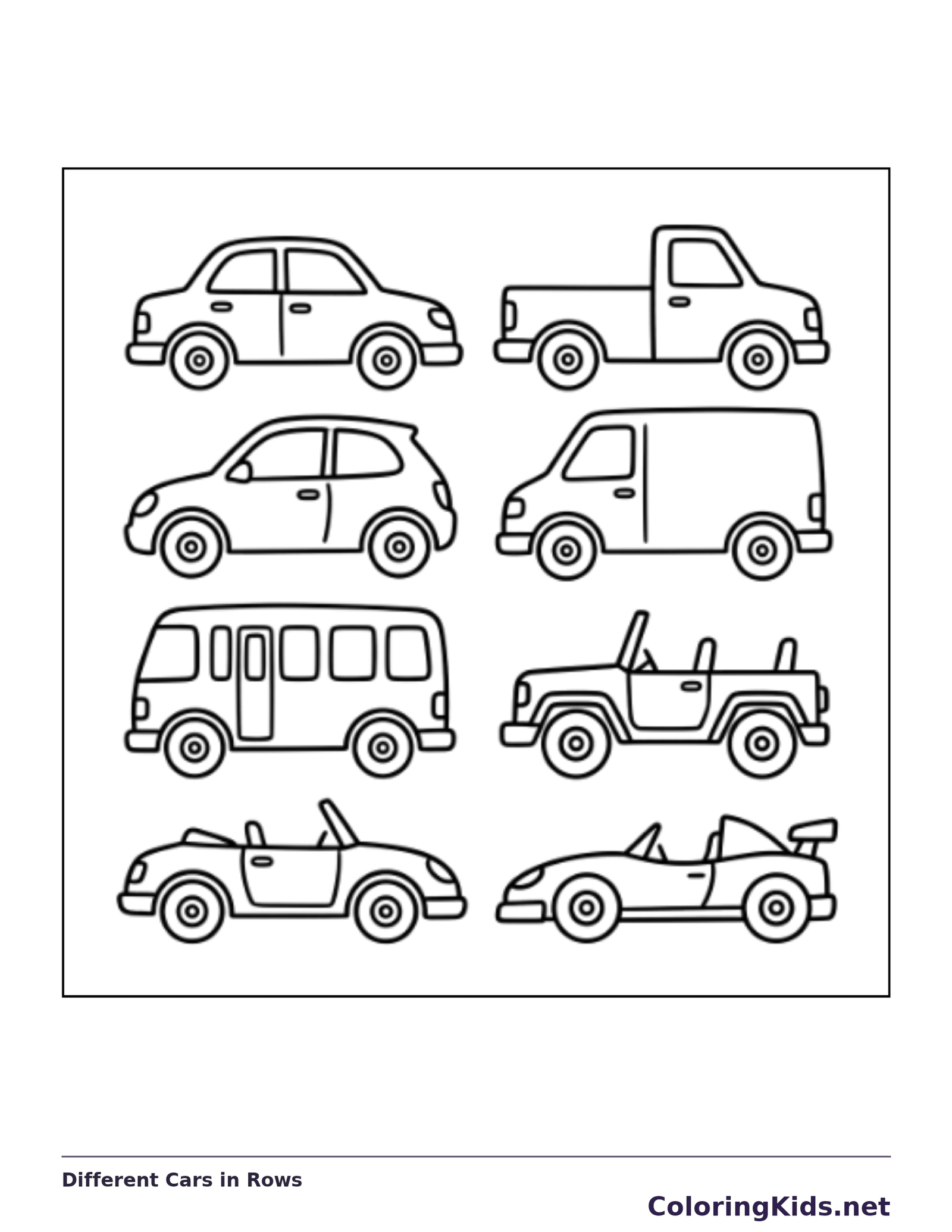 Black and white printable different cars in rows coloring sheet