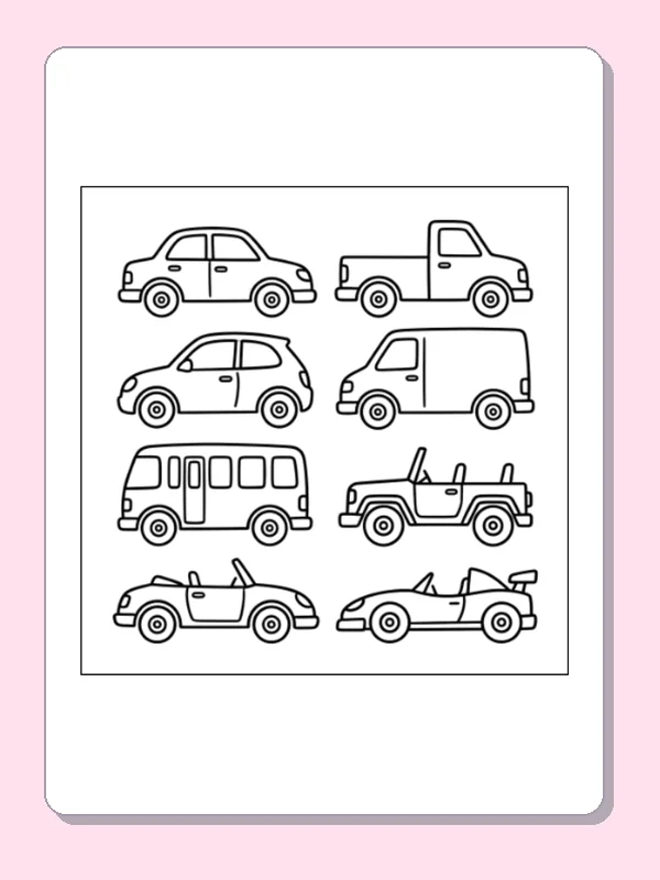 Black and white printable different cars in rows coloring sheet
